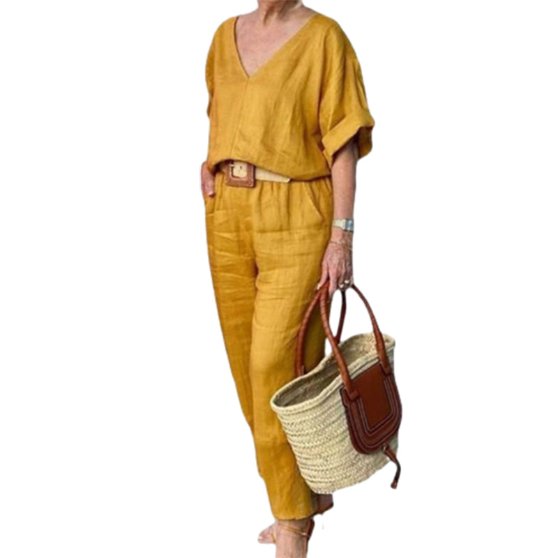 Ensemble Femme Col en V Pantalon Ample Coupe Décontractée