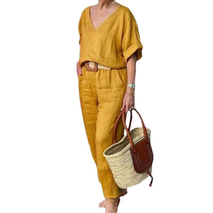 Ensemble Femme Col en V Pantalon Ample Coupe Décontractée