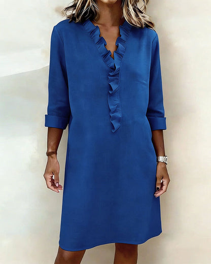 Robe Femme Col en V Volants Coupe Droite Décontractée