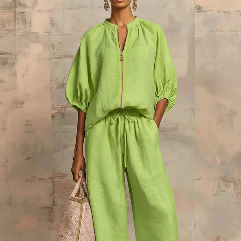Ensemble Femme Blouse Zip Fluide et Pantalon Large Confortable