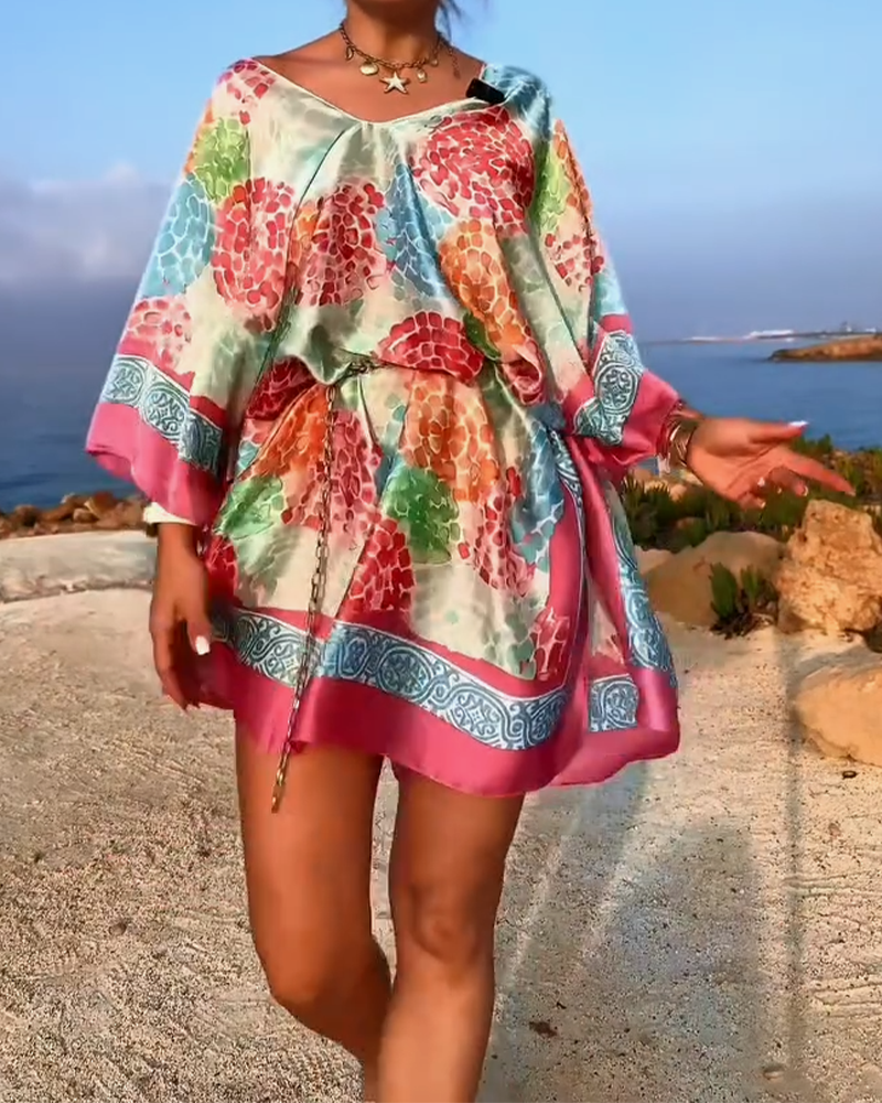 Robe Plage Femme Imprimée Manches Chauve-souris Fluides