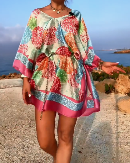 Robe Plage Femme Imprimée Manches Chauve-souris Fluides