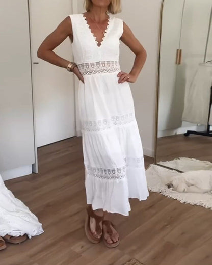 Robe Midi Femme Dentelle Col V Coupe Fluide Sans Manches