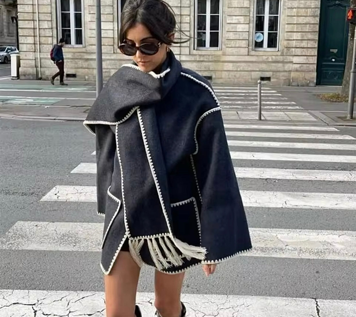 Manteau Femme Laine Tweed Col Rond Coupe Ample - PanierRoyale