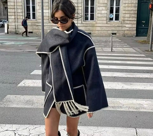 Manteau Femme Laine Tweed Col Rond Coupe Ample - PanierRoyale