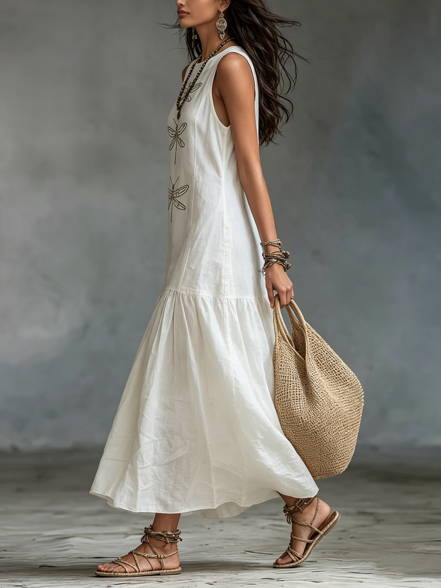 Robe longue Femme Coton Lin Broderie Libellule