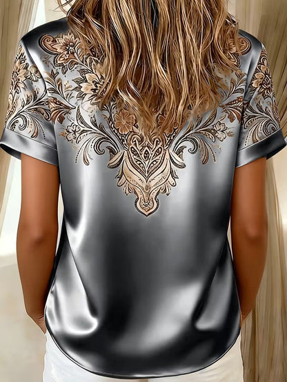 Blouse Femme Satinée Imprimé Floral Col Chemise Élégant