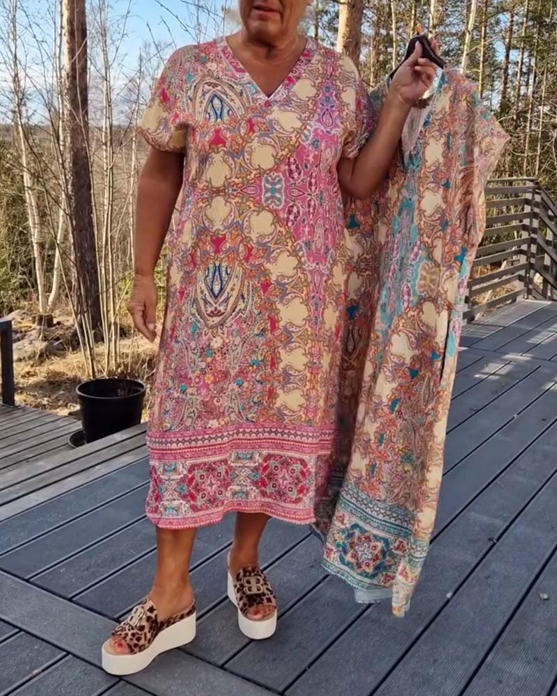 Robe Midi Femme Imprimée Col en V Coupe Droite