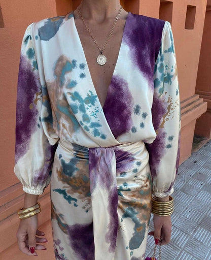 Robe Satinée Mi-Longue avec Ceinture et Imprimé Abstrait