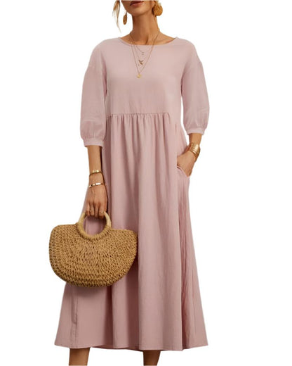 Robe Femme Été en Coton Léger, Col Rond et Manches Courtes