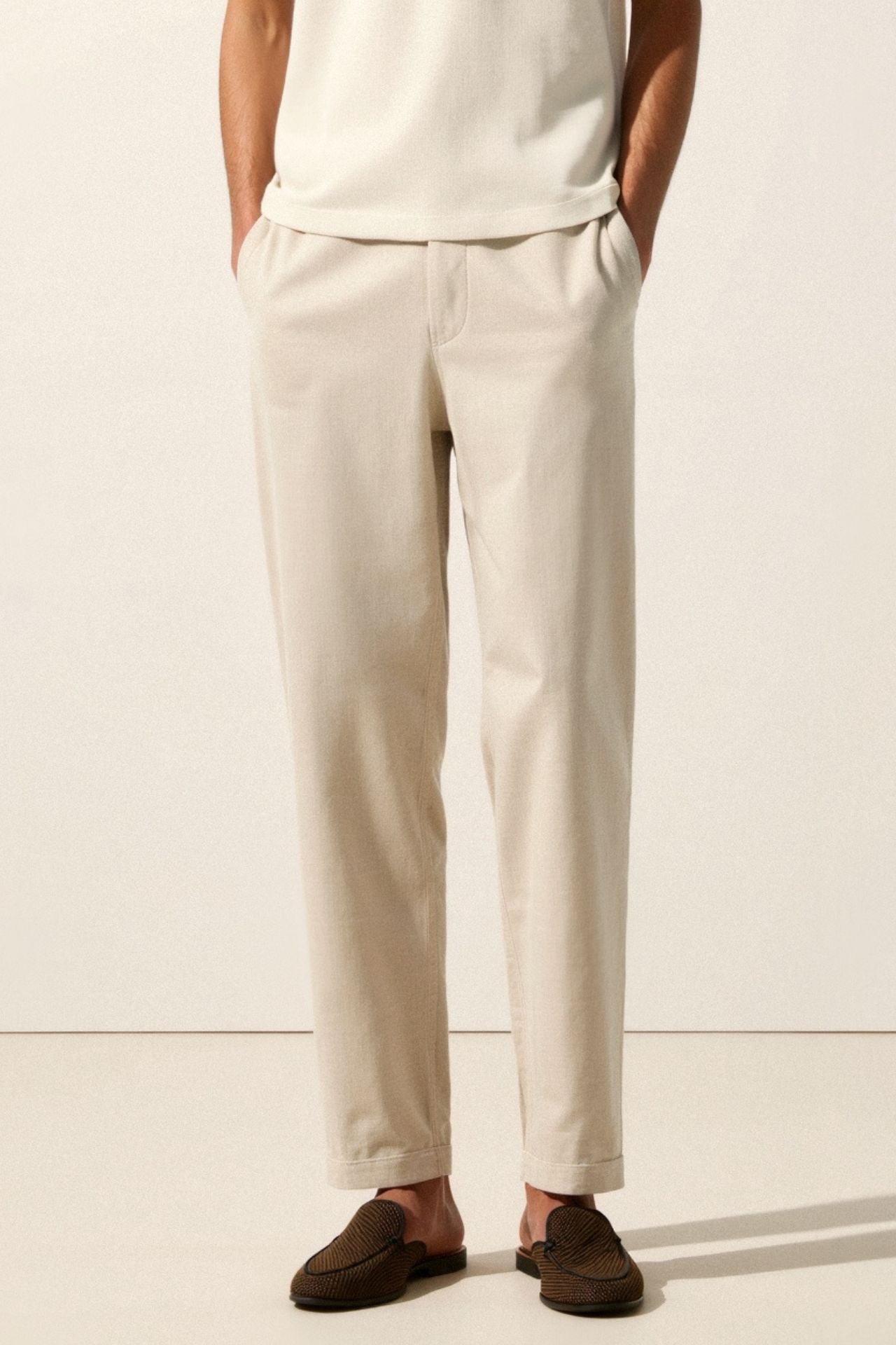Pantalon Homme Beige Élastique avec Boutons de Ceinture