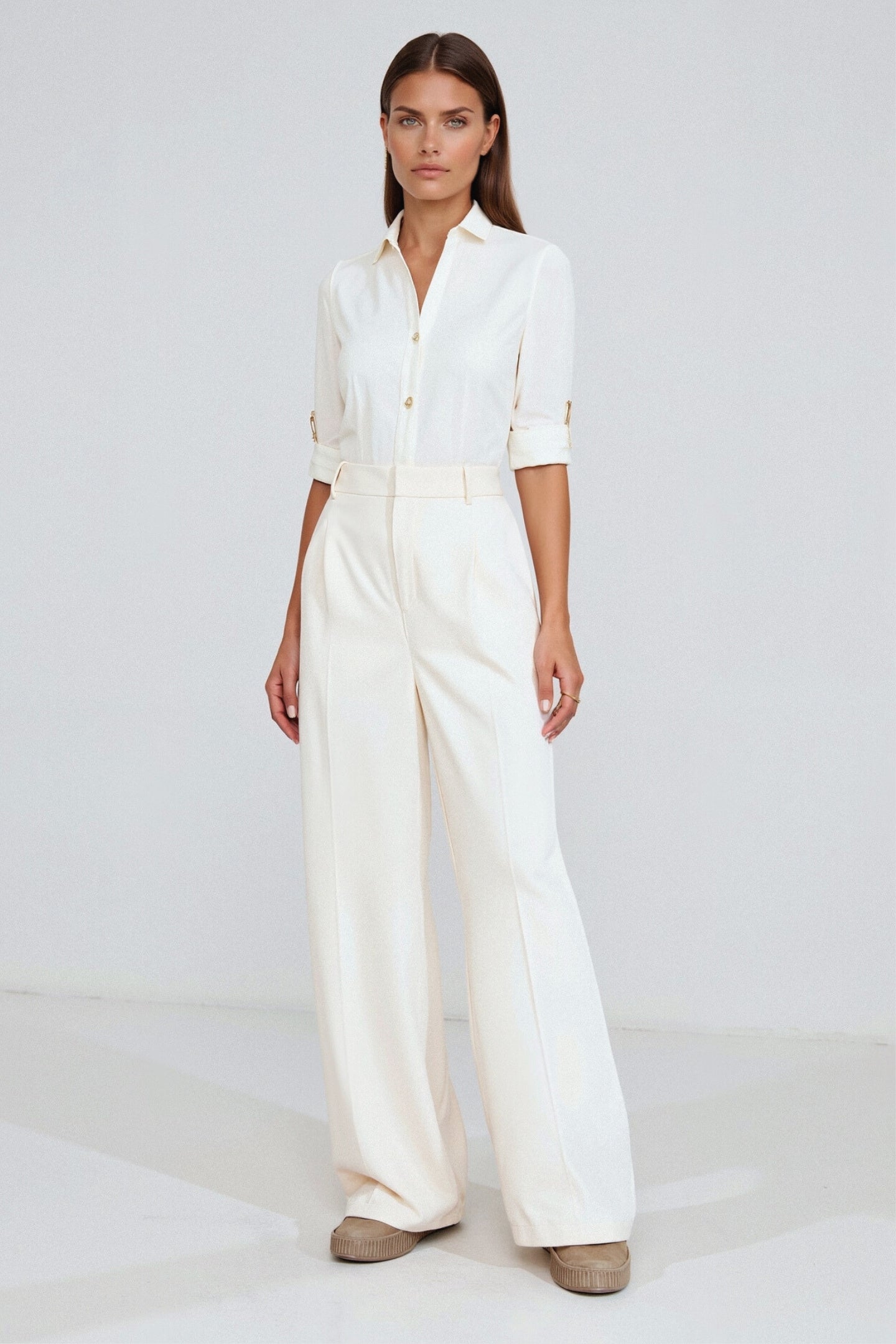Pantalon Femme Élégant Taille Évasée avec Plis