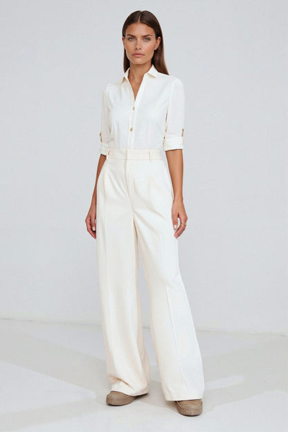Pantalon Femme Élégant Taille Évasée avec Plis