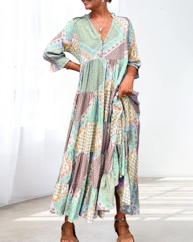 Robe Maxi Femme Imprimé Patchwork Coupe Ample Col V Manches Longues
