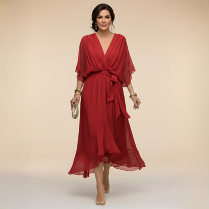 Robe Femme Chiffon Fluide Col en V Ceinturée