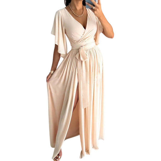 Robe Soirée Manches Courtes Décolleté Plongeant - PanierRoyale