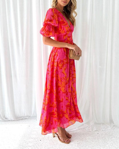 Robe Longue Femme Fluide Col en V Imprimée Manches Courtes