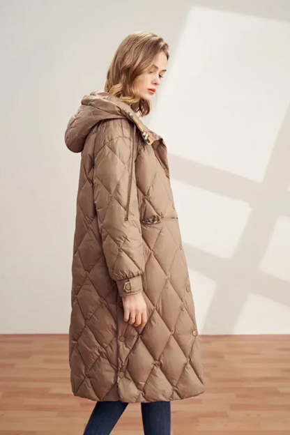 Manteau femme long à capuche avec doublure chauffante