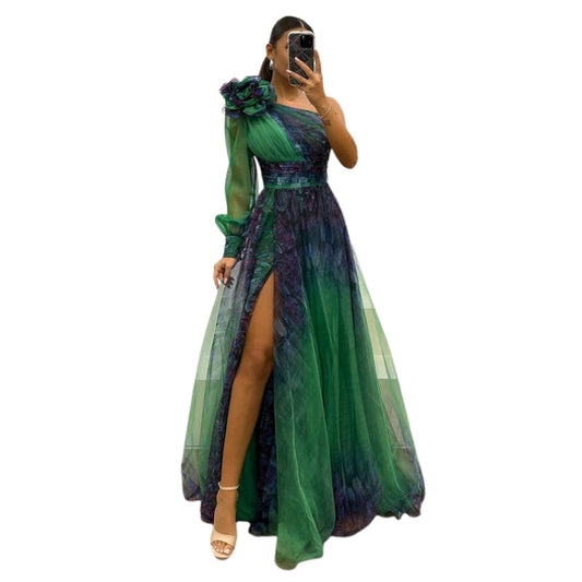 Robe Soirée Une Épaule Manches Longues avec Fente - PanierRoyale