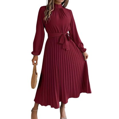 Robe Féminine Plissée à Manches Longues Taille Cintrée Élégante