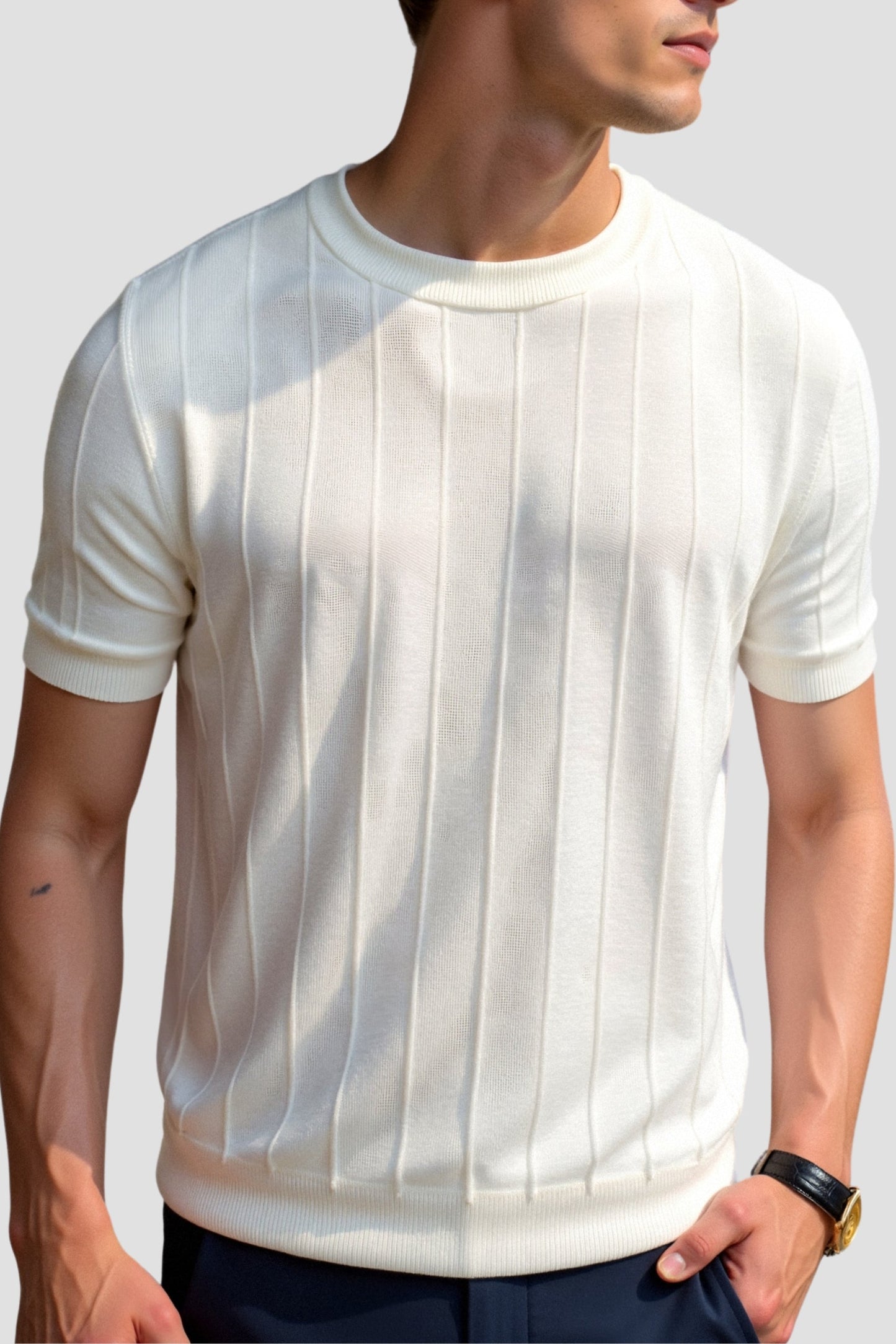T-Shirt Rayé Classique Col Rond Épais et Confortable