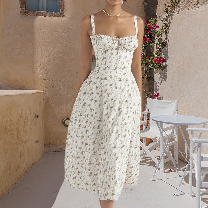 Robe Été Femme en Dentelle avec Fente Side et Décolleté Profond