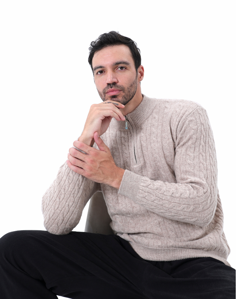 Pull Homme Châle Câble Tricot Épais et Doux au Col Zip