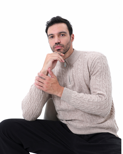 Pull Homme Châle Câble Tricot Épais et Doux au Col Zip