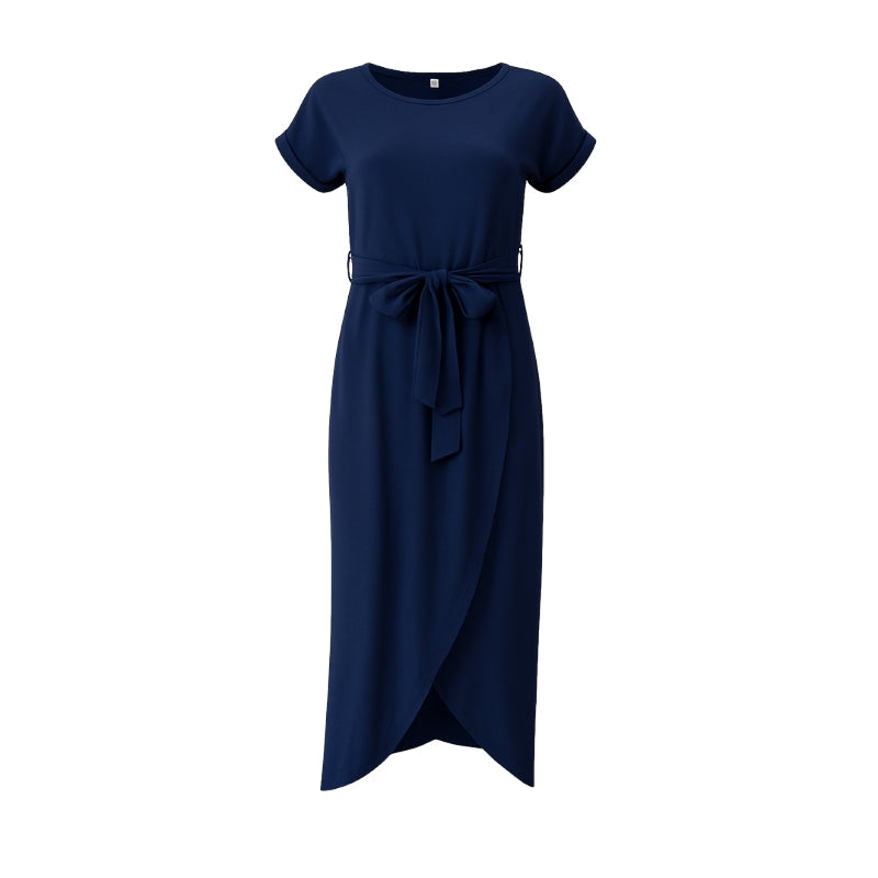 Robe Été Courte Manches Courtes avec Ceinture Tailleur