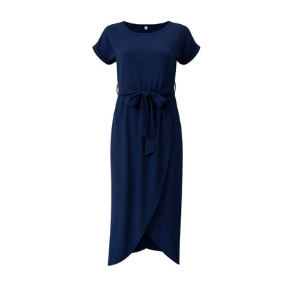 Robe Été Courte Manches Courtes avec Ceinture Tailleur