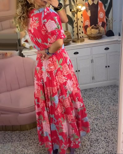 Robe Longue Femme Fluide Imprimée Col V Manches Courtes