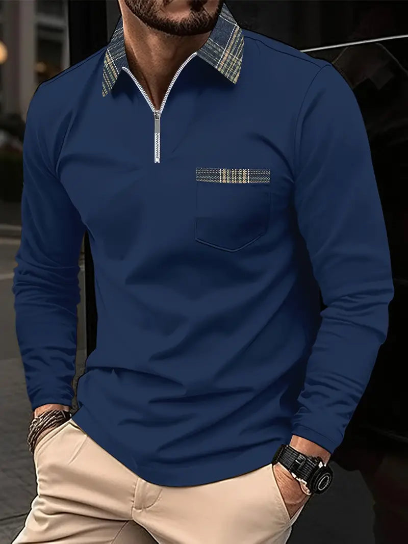 Polo Homme Manches Longues Motif Écossais Classique