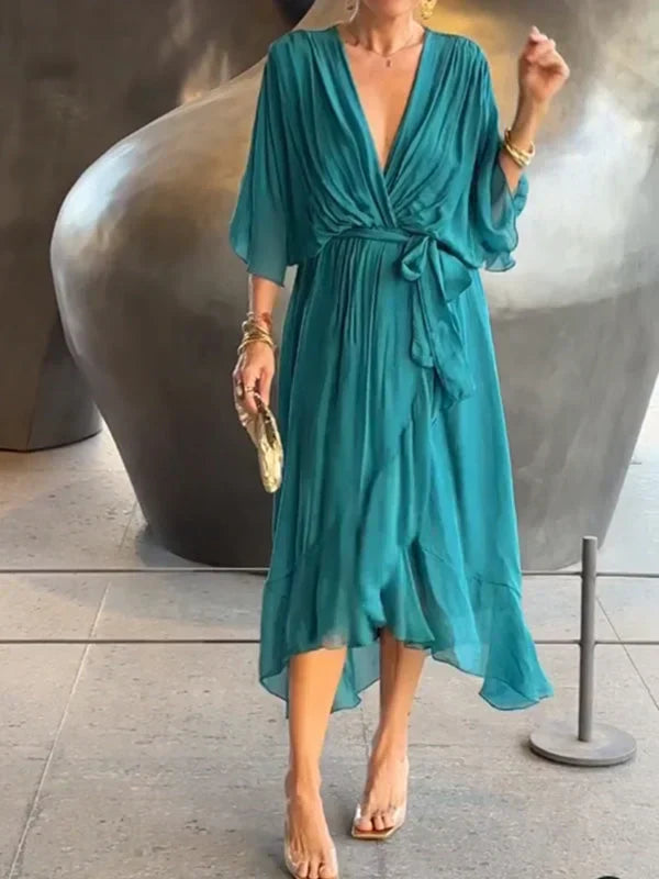 Robe Longue Femme Élégante en Soie Douce avec Encolure en V