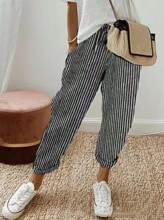 Pantalon femme rayé décontracté coton confortable