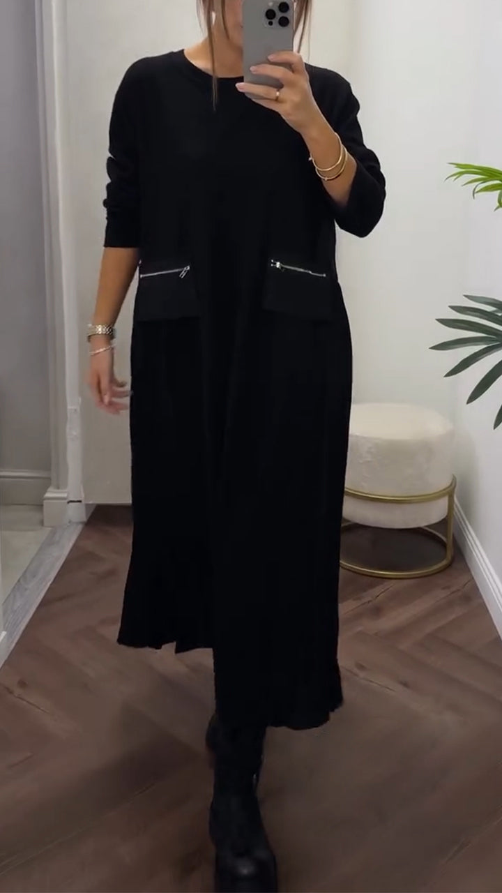 Robe Femme Tissu Confortable Plissée Col Rond Coupe Fluide Poches