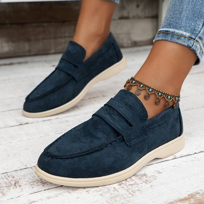 Mocassin en Cuir Velours Beige et Bleu Marine