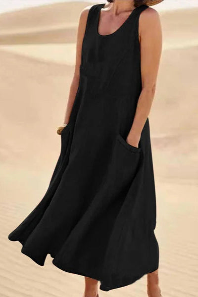 Robe Élégante Courte sans Manches avec Poches et Décolleté