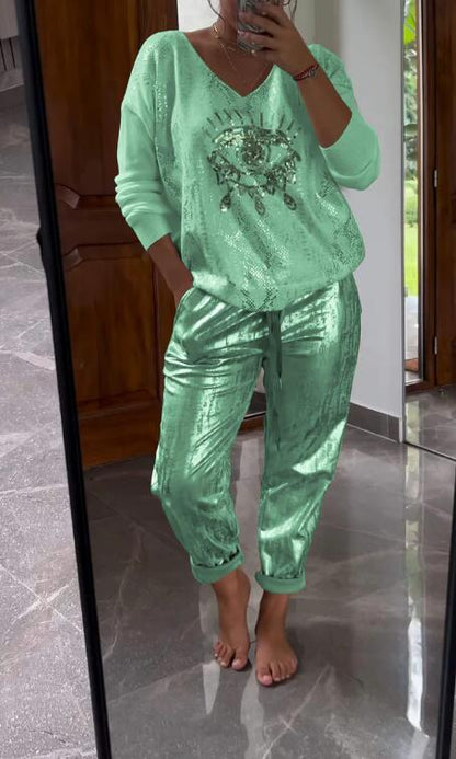 Ensemble Femme Deux Pièces Détails Brillants Chic