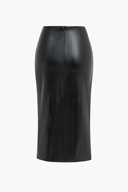 Jupe Mi-Longue en Simili Cuir avec Ceinture et Fente Élégante