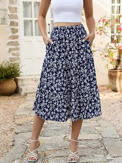 Jupe Femme Florale à Poches avec Ceinture Élastique