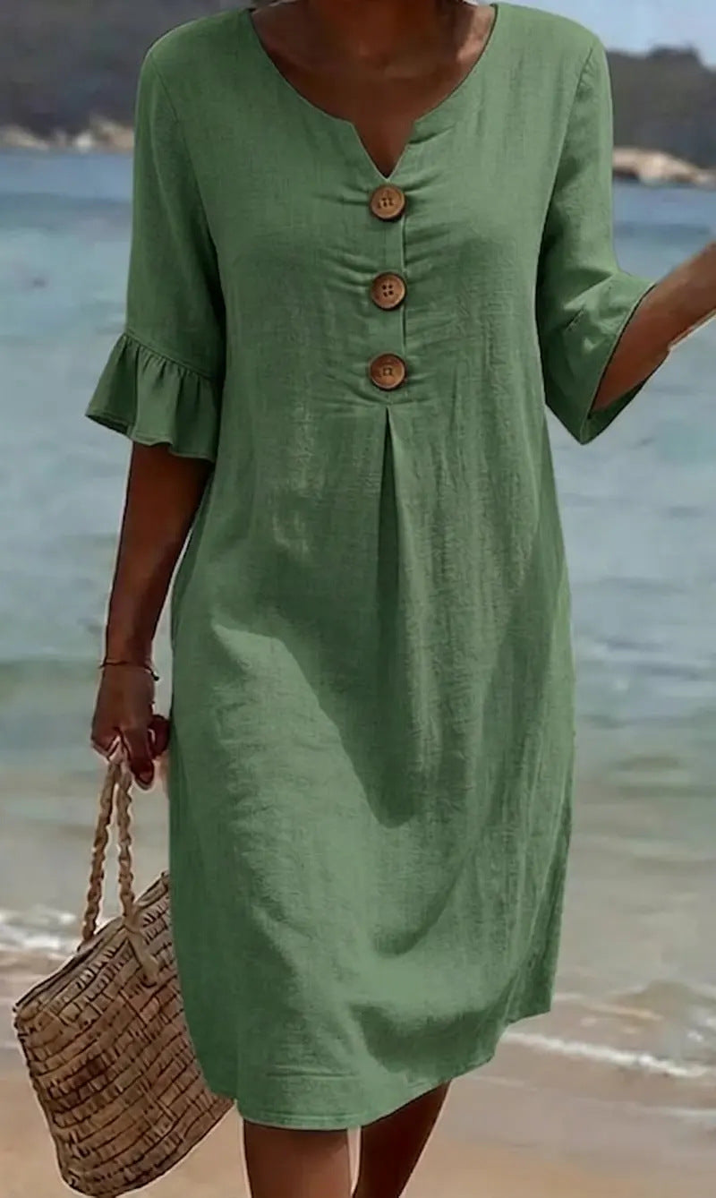 Robe Femme Coton Lin Boutonnée Manches Volantées Estivale