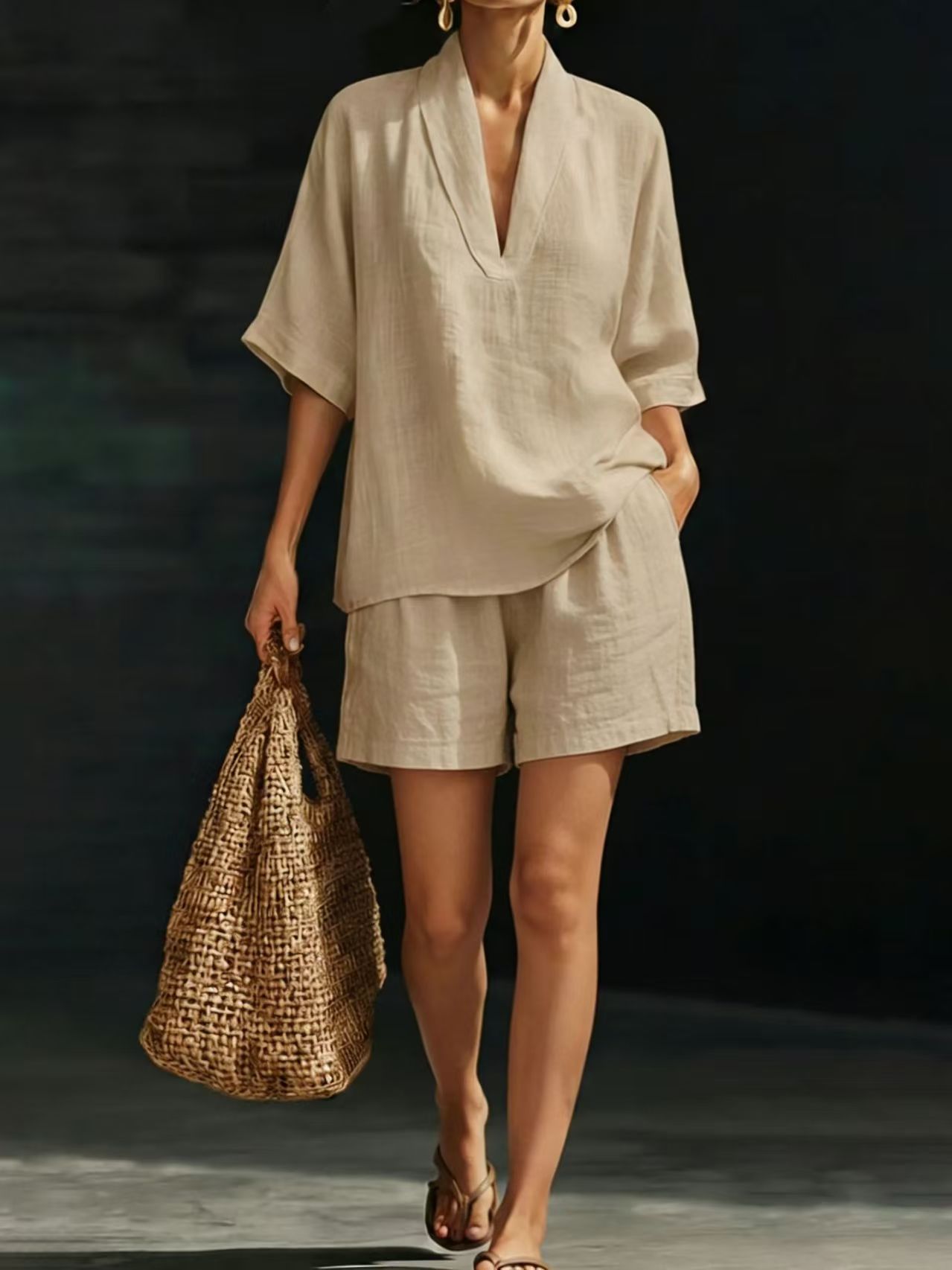Ensemble Femme Coton Décontracté Haut Col V et Short Confortable - PanierRoyale