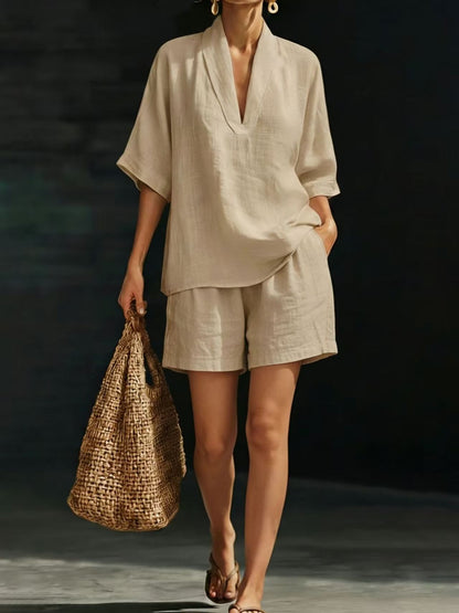 Ensemble Femme Coton Décontracté Haut Col V et Short Confortable - PanierRoyale