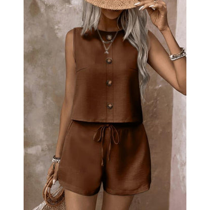 Ensemble Femme Sans Manches Boutonné et Short Ajustable