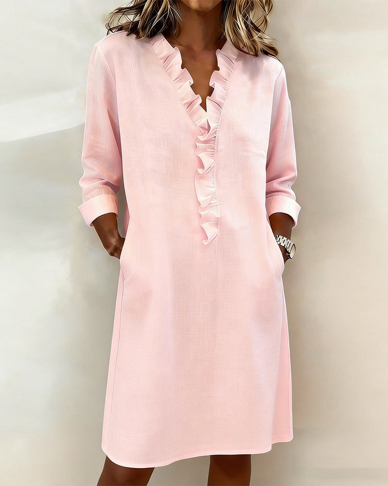 Robe Femme Col en V Volants Coupe Droite Décontractée - PanierRoyale