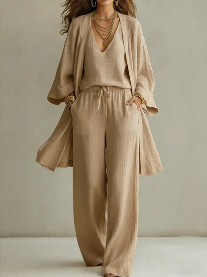 Ensemble Trois Pièces Femme Coton Lin Coupe Minimaliste