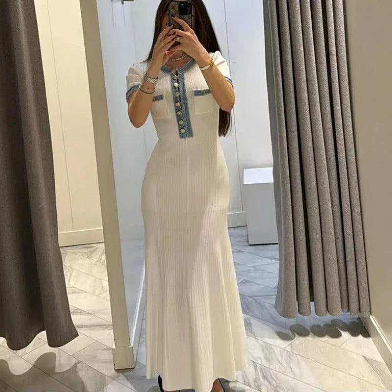Robe Longue Décontractée à Manches Courtes et Boutons