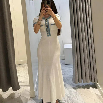 Robe Longue Décontractée à Manches Courtes et Boutons