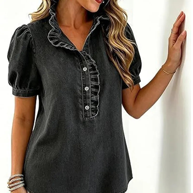 Haut Femme Denim Col Volanté Manches Bouffantes