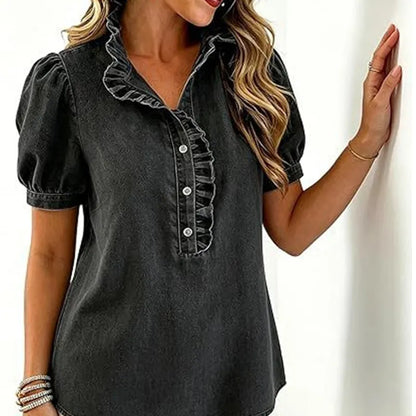 Haut Femme Denim Col Volanté Manches Bouffantes